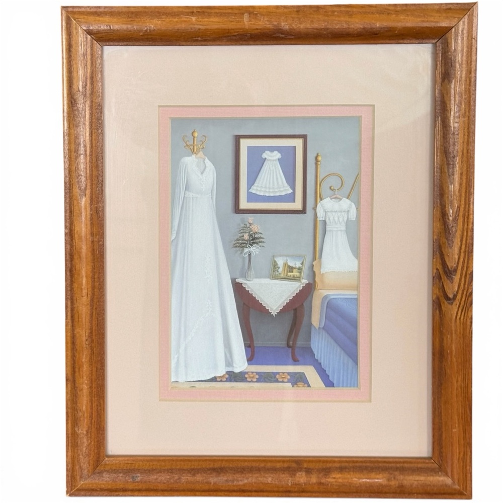 Vintage “My Three White Dresses” Print. Double Matted /Wood Frame. Poem Included